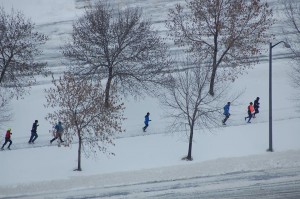 Group of runners in the fresh snow: December 15, 2013 (credit Clive Packham)