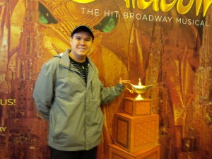 Outside the New Amsterdam Theatre on Broadway before attending a performance of Disney's Aladdin