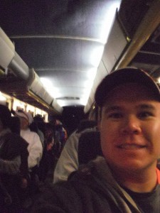 Onboard a shuttle bus to the start of the race