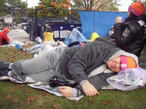 Looking rather dishevelled napping under an oak tree before the race