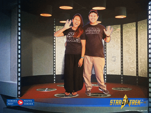 Animated gif of being on a transporter at the Canada Post 50th Anniversary Star Trek booth