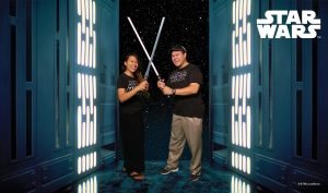 The matching Star Wars t-shirts seemed appropriate for this photo. It was at a booth promoting Jane's chicken nuggets